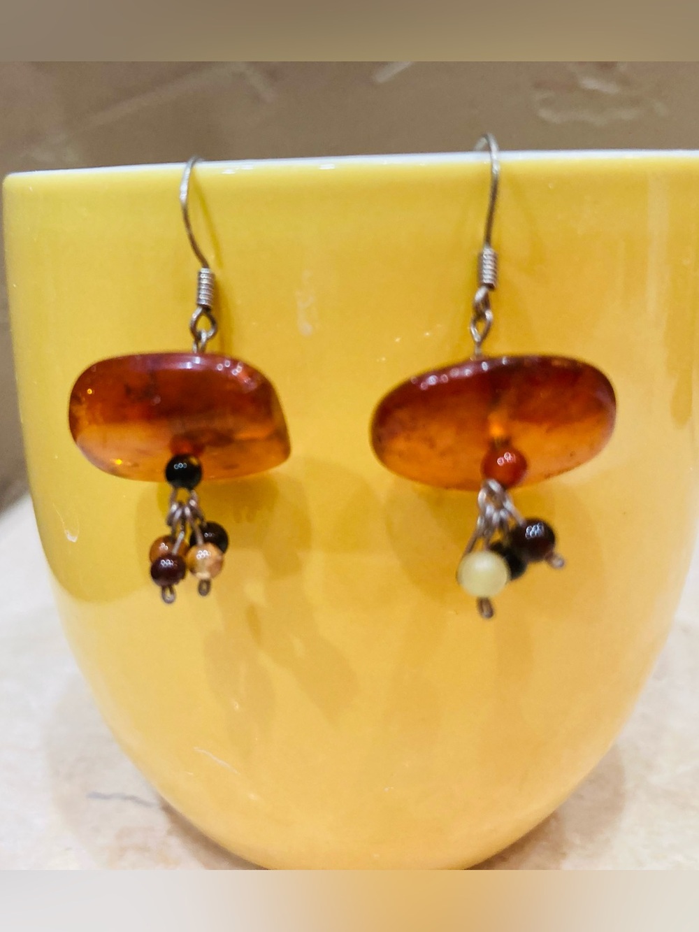 Genuine Amber Glass Drop Earrings with Bead Dangles